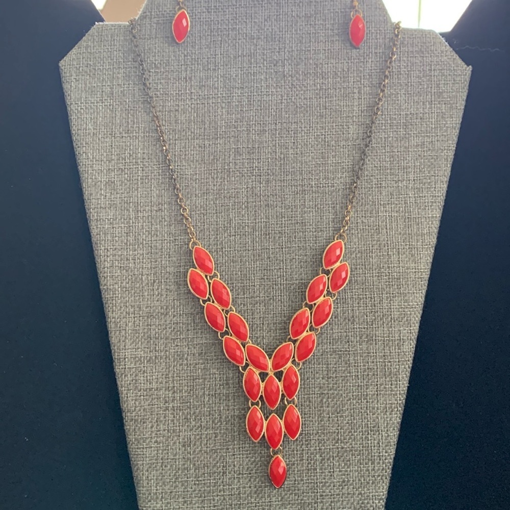Gold Tone and Red Acrylic Beaded Necklace (19”) & Earring Set